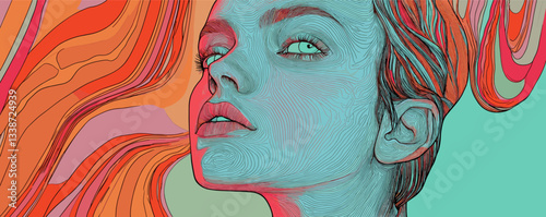 Abstract portrait of woman with flowing hair in vibrant colors.