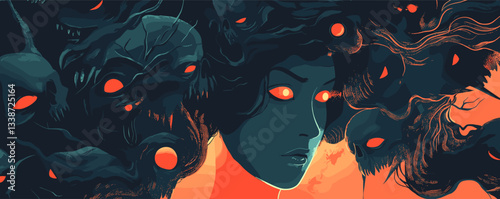 Enchanting woman surrounded by haunting spirits with glowing eyes in dark fantasy art.