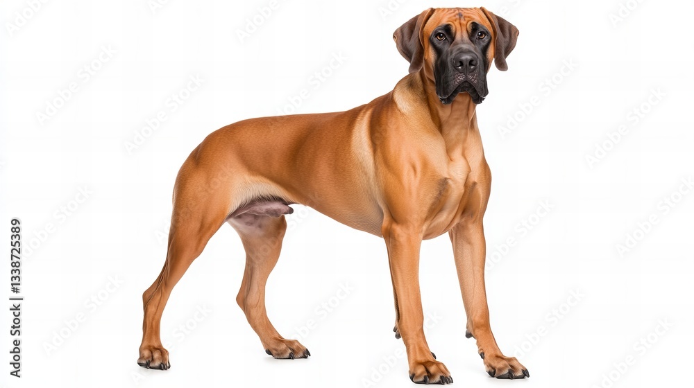 A large brown Great Dane stands posed in a well lit white studio with its black nose and ears clearly visible in a frontal full body shot. A large brown Great Dane stands posed in a well lit white studio with its black nose and ears clearly visible in a frontal full body shot.