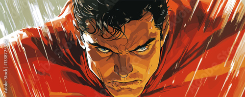 Comic book style hero in dramatic action pose with intense expression.