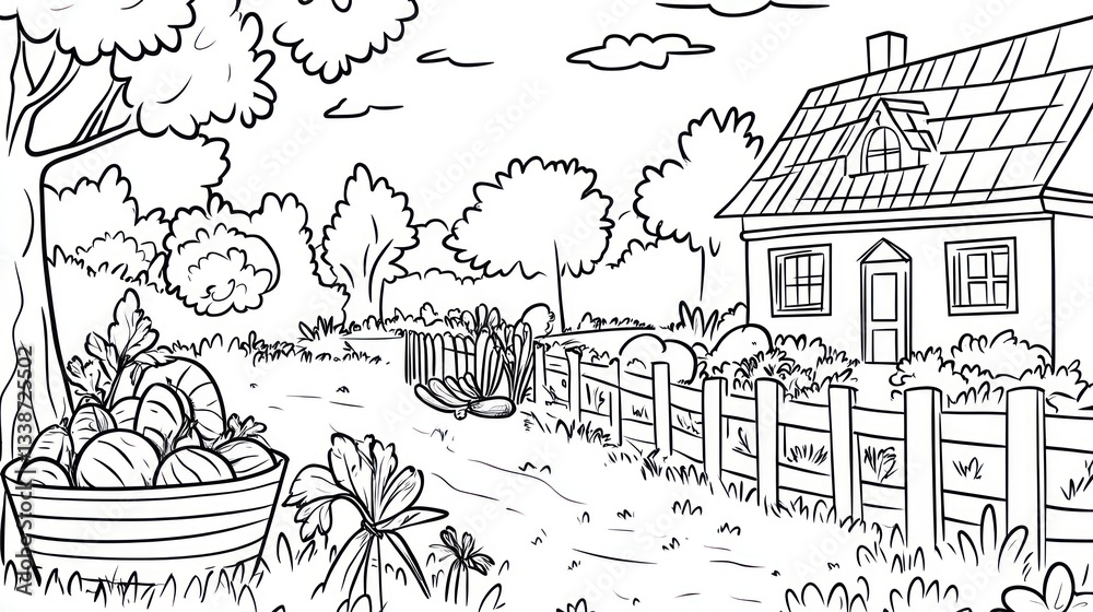 Obraz premium Black and white country scene with house and garden
