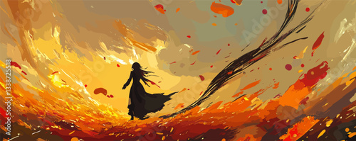 Silhouette of lone figure in fiery abstract landscape with floating leaves.