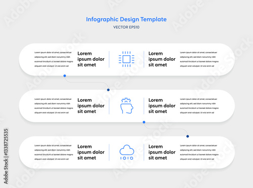 Infographic Tech Template with Minimal Clean Modern Elements. Interface Vertical Layout 3 Step Process Connecting Node feathering AI Data Analysis Semiconductor Icons Business Report Presentation