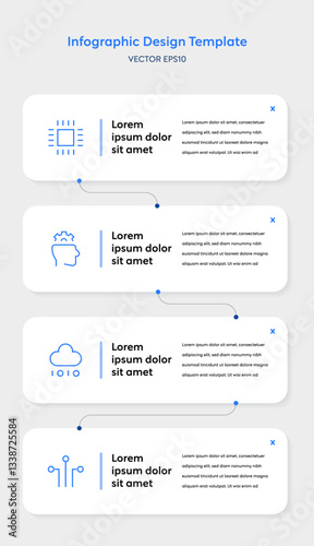 Infographic Tech Template with Minimal Clean Modern Elements. Interface Vertical Layout 4 Step Process Connecting Node feathering AI Data Analysis Semiconductor Icons Marketing Business Report Present