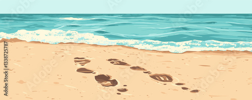 Footprints in the sand leading to ocean waves on a sunny beach day.