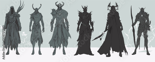 Fantasy characters: six dark armored figures with horns and weapons in silhouette.