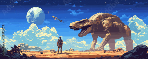 Astronaut confronts dinosaur on alien planet with spaceship and moon in starry sky.