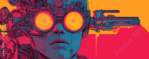 Futuristic cyberpunk art: intense gaze of cyborg with high-tech gear and neon colors.
