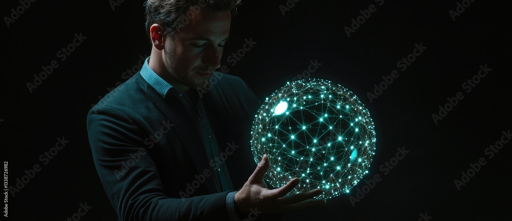 Fototapeta premium A man in a suit holds a glowing, spherical object with interconnected nodes, symbolizing technology and innovation against a dark background.
