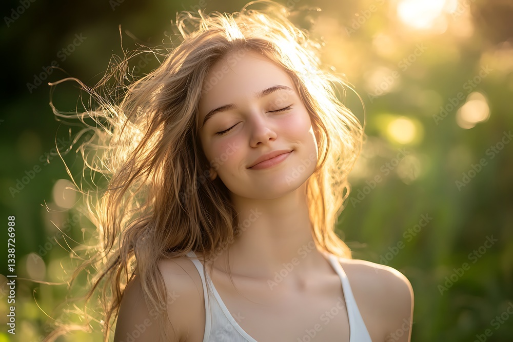 Naklejka premium A Young Woman Finds Peace And Serenity In Natures Embrace, Bathed In The Golden Light Of A Summer Sunset, Her Hair Flowing Freely In The Gentle Breeze