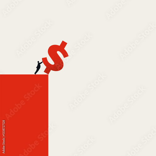 Fat man pushes dollar sign over cliff. Symbol of US financial recession, depression, crisis. Minimal design eps10 illustration.