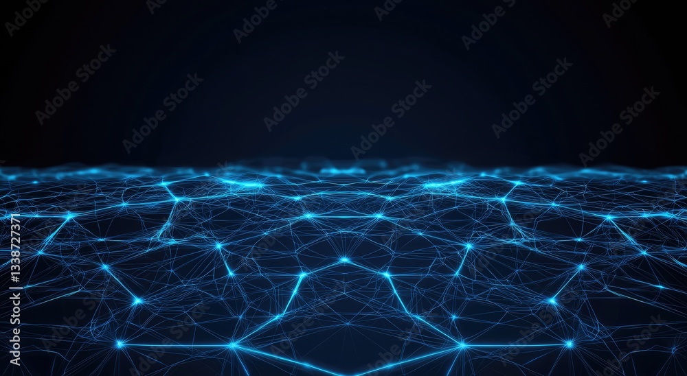Fototapeta premium A futuristic digital landscape featuring interconnected nodes and lines glowing in blue against a dark background.