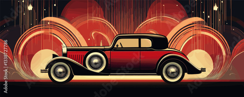Vintage red car with art deco background featuring abstract geometric patterns and starry elements.