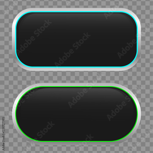 Black Rectangle Web Buttons with Silver Frame and Colorful Line, Green, Blue, Template of Empty Buttons, Vector