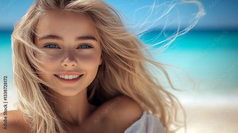Fototapeta premium Blonde woman with long hair is smiling at the camera on a beach