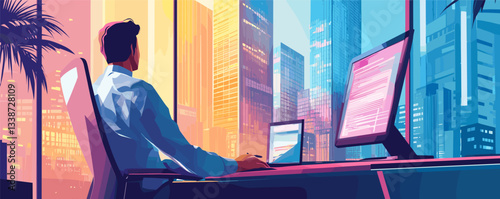 Man working in futuristic office with colorful cityscape view at sunset.