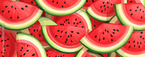 Juicy watermelon slices with seeds in vibrant summer arrangement.