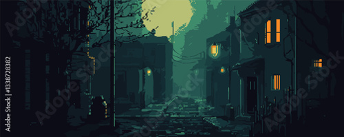 Dimly lit moonlit alley with lamp posts and silhouetted trees in a quiet nighttime scene.