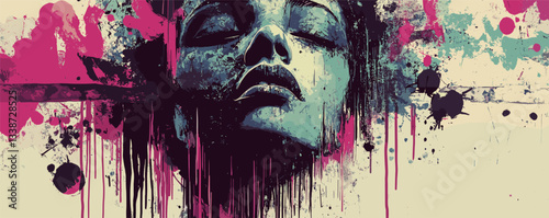 Vibrant abstract expressionist portrait: colorful female art with dynamic paint splash effects.
