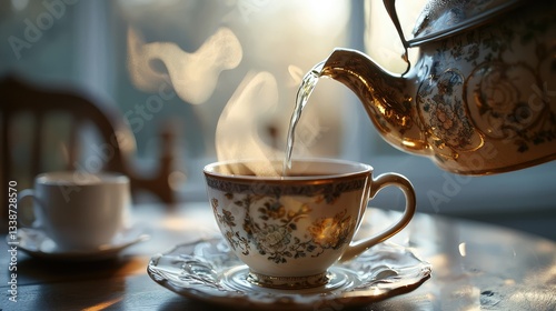 hot drink being poured from a vintage teapot into a mug