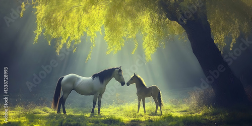 Majestic Horses in Ethereal Light Beneath a Large Tree with Soft Green Background