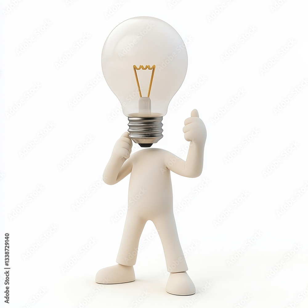 Bright Idea 3D Character with Light Bulb Head Giving Thumbs Up Innovation Concept Bright Idea 3D Character with Light Bulb Head Giving Thumbs Up Innovation Concept