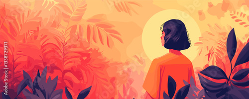 Woman in orange dress in vibrant jungle scene with bold red and yellow tones.