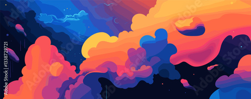Vibrant abstract sky with colorful clouds and sunset gradient in surreal dreamlike landscape.