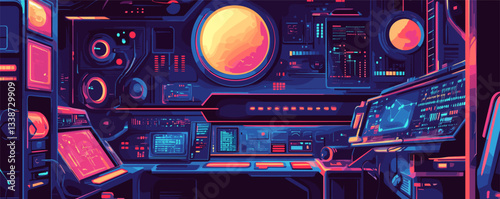 Futuristic spacecraft interior with neon lights and high-tech consoles in a sci-fi setting.