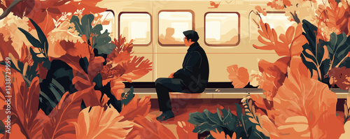 Autumn foliage surrounds man at train station in vibrant scene with rich colors.