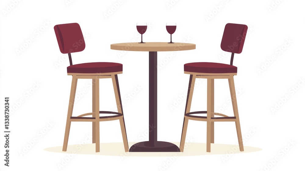 Two bar stools, small table, wine glasses - interior illustration