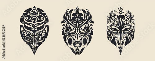 Tribal mask designs: three detailed ethnic patterns with symmetrical motifs and intricate details.