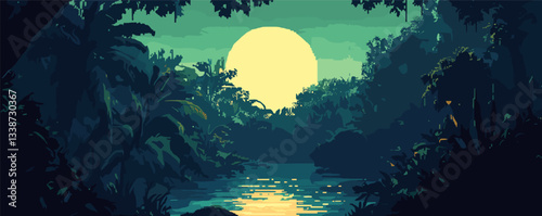 Serene jungle scene with moonlit river and lush greenery at nighttime.