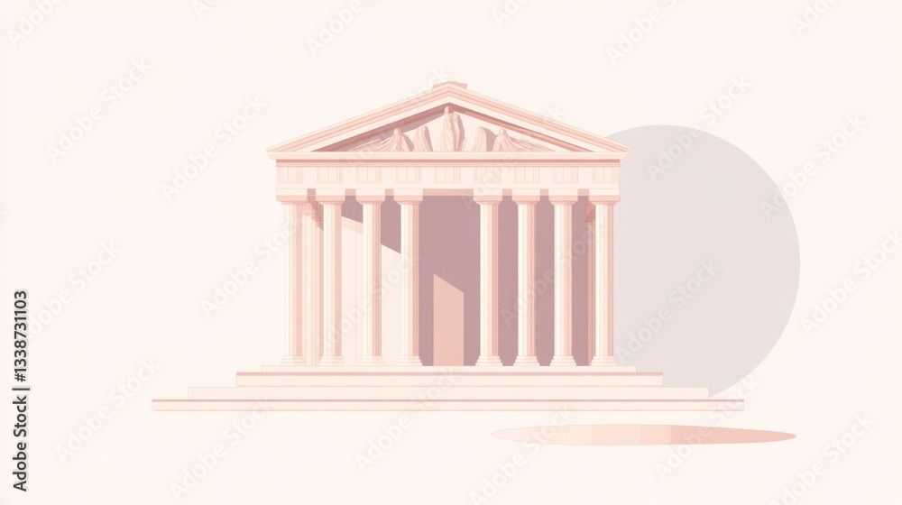 Fototapeta premium Ancient temple illustration, light pink, simple design, background shadow, stock photo
