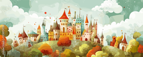 Enchanting fairy tale castle with vibrant towers and whimsical landscape.
