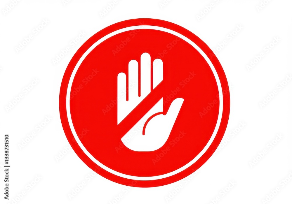 red circular sign, white hand symbol, stop gesture, traffic warning, flat design, minimalist icon, bold graphic, safety red circular sign, white hand symbol, stop gesture, traffic warning, flat design, minimalist icon, bold graphic, safety