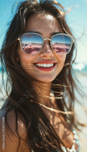 Young female enjoying sunny beach day with sunglasses and windswept hair