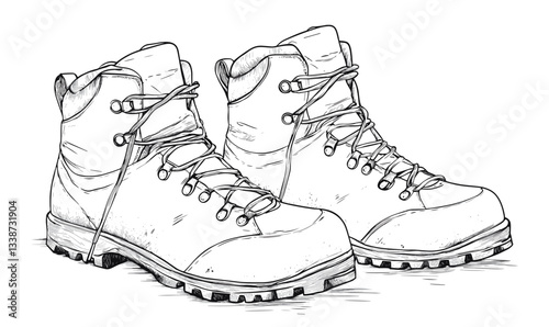 Sketch of sturdy hiking boots with laces in detailed black and white outline.