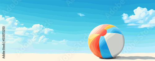 Colorful beach ball on sandy shore against blue sky background.