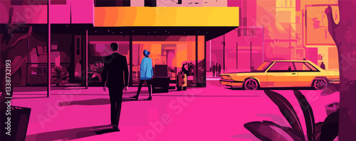 Vibrant cityscape with abstract architecture, street scene, and yellow taxi in bold colors.