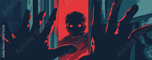 Horror scene with zombie figure and hands reaching in dramatic red and blue lighting.