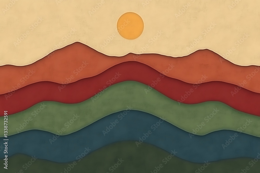 Fototapeta premium Minimalist Mountain Landscape with Layered Colors and Sun, Serene Aesthetic Design