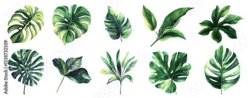 Tropical foliage variety: collection of ten vibrant green leaves on white background.