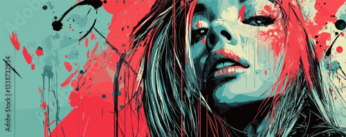 Abstract portrait of a young woman with dramatic red and blue paint splash effect.