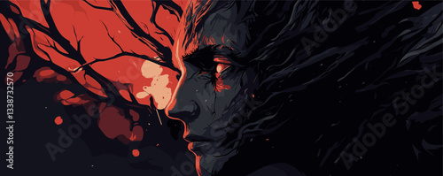 Abstract dark portrait of a man with tree branches and red light.