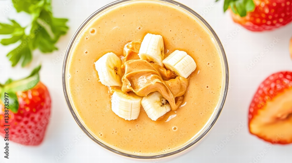 Smoothie blended with bananas and strawberries in a glass creating a delicious and nutritious treat Smoothie blended with bananas and strawberries in a glass creating a delicious and nutritious treat