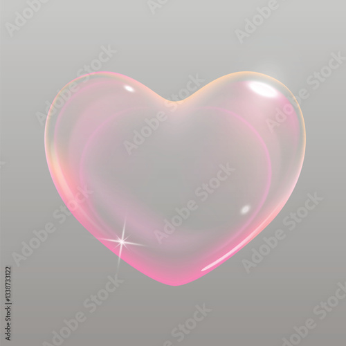 Realistic transparent pink vector soap bubble shaped as heart. Romantic glossy soapy heart. Valentine day symbol. Black background.