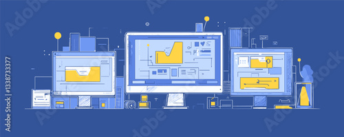 Digital workspaces with multiple monitors displaying graphs and charts.