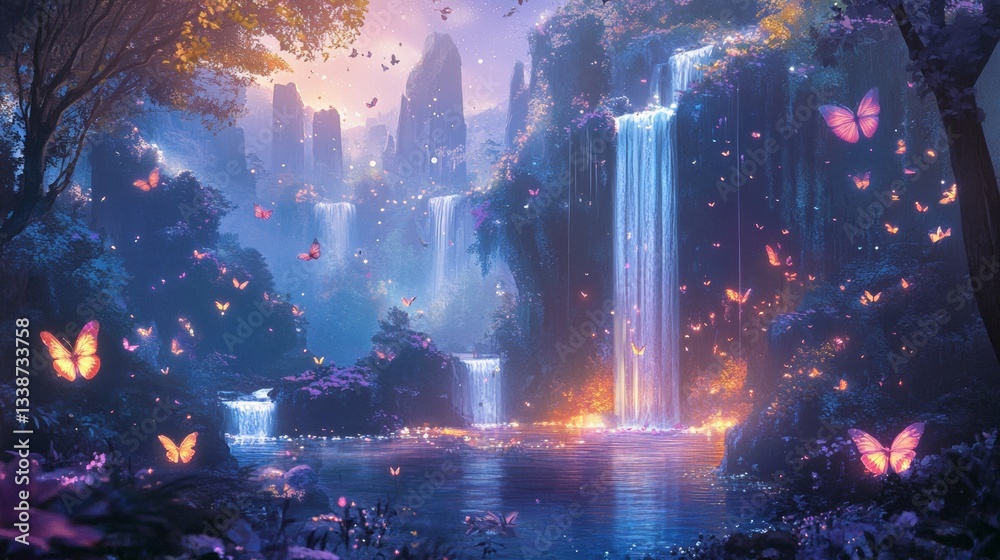 Fototapeta premium Viral anime nature wallpaper in 4K quality, depicting a dreamlike garden with floating islands, waterfalls cascading down and glowing.