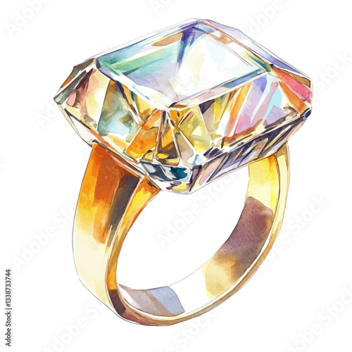 A watercolor vector painting of a modern diamond ring with an abstract design, isolated on a white background.

